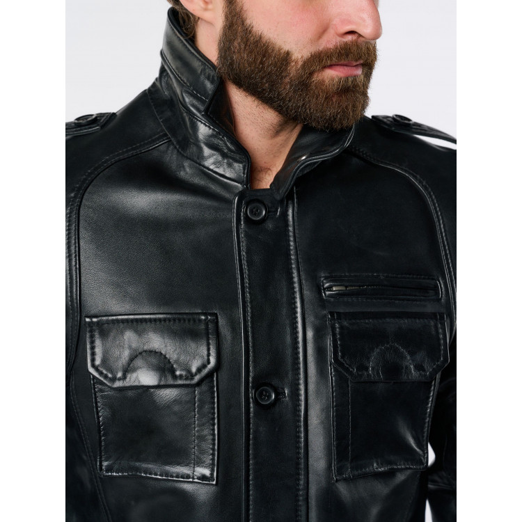 Куртка мужская DAVID MOORE повседневная удлиненная из натуральной кожи черного цвета